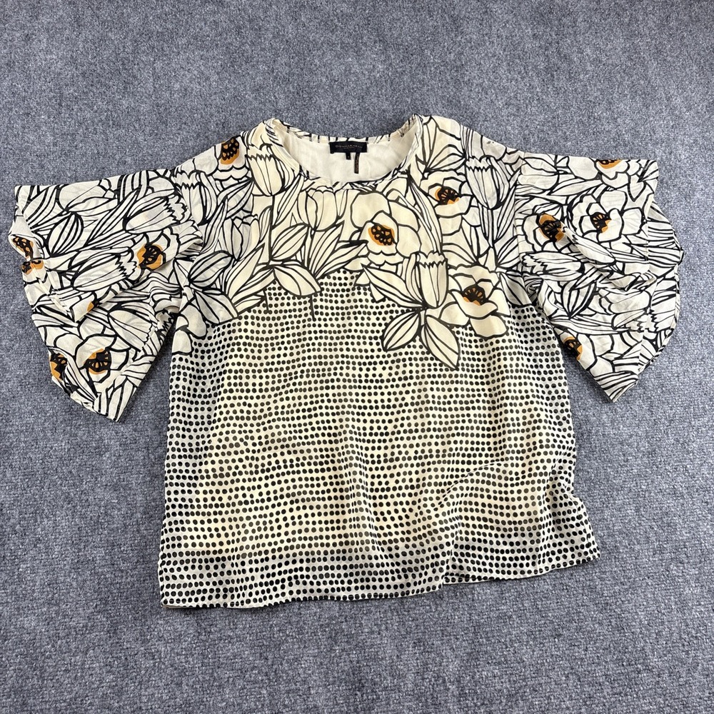 Donna Karan New York Mixed Print Floral Polka Dot Flutter Sleeve Blouse M